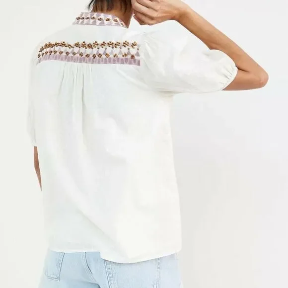 Anthropologie Forever That Girl Cotton Embroidered Beaded Peasant Top Ecru US 2 - Picture 3 of 10